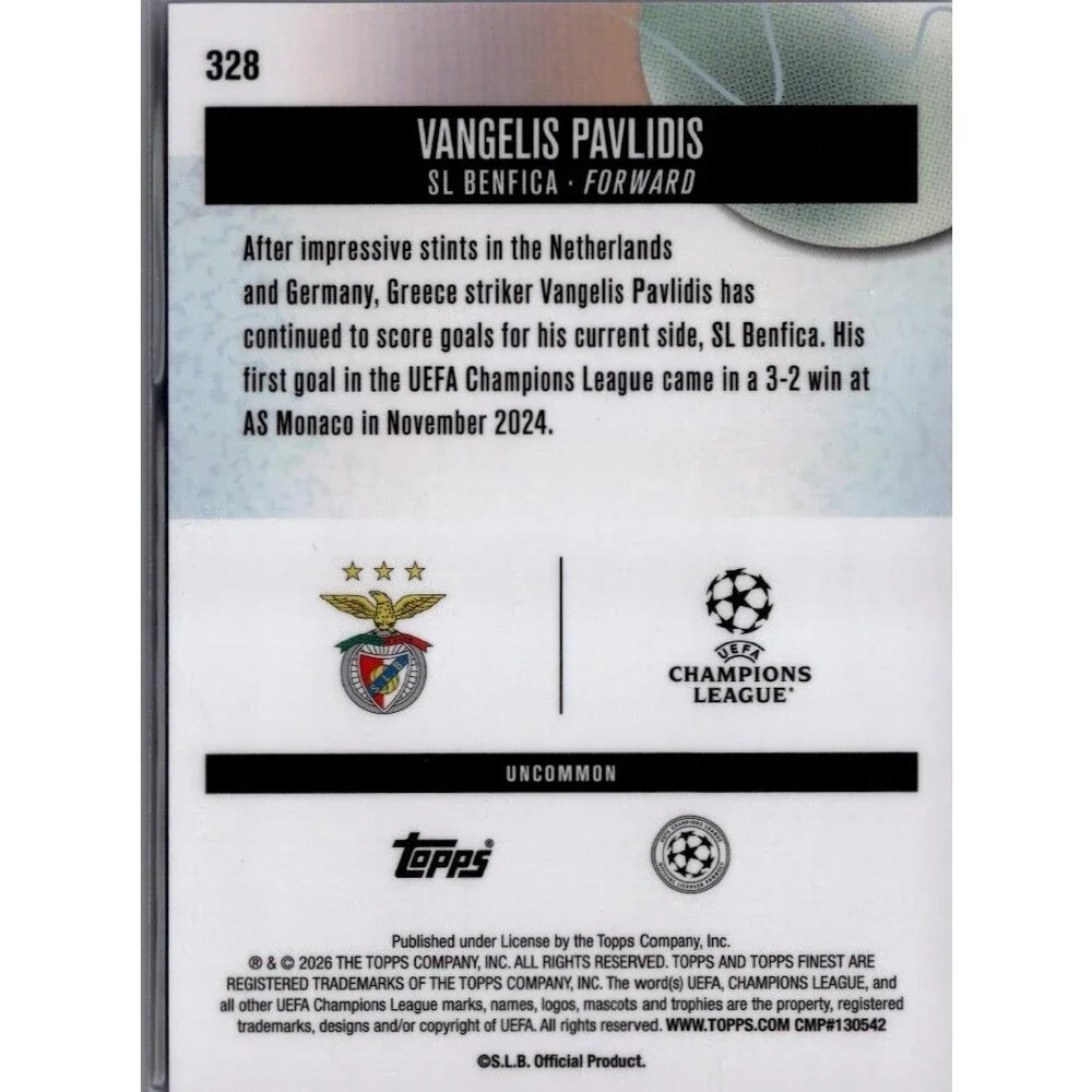2026 Topps Finest UEFA # 328 Vangelis Pavlidis, SL Benfica Blue Checkerboard /75